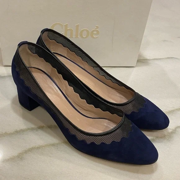 Chloe Heels size 40 Navy Suede Black Mesh - Picture 16 of 16